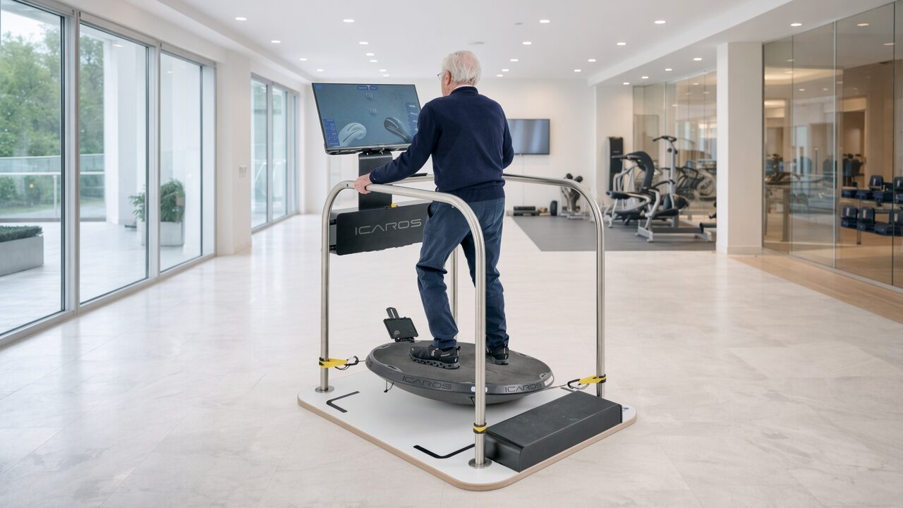 Older man training on the ICAROS Guardian in a bright rehab room
